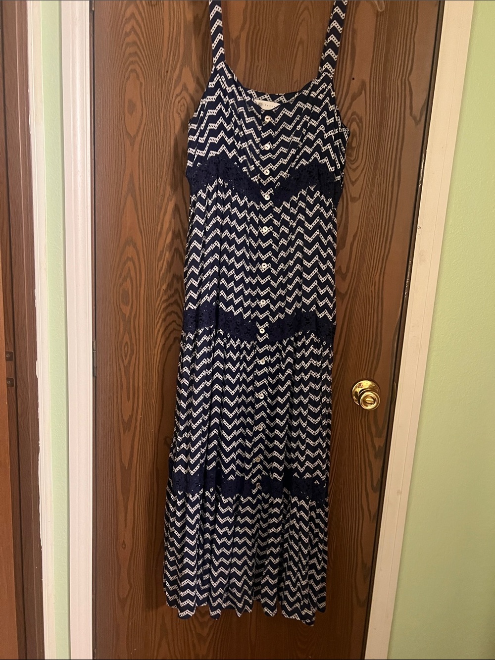 Navy Chevron Maxi Dress with Lace Trim